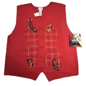 Koret Red Paisley Embroidered Button Front Sweater Vest Sz L Vintage Cottagecore